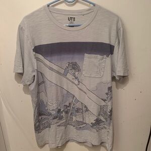 Super Sick Uniqlo Hokusai Blue Cotton Tee W/ Front Pocket SZ XL Bluish Grey